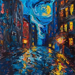 An impressionistic painting portrays a vibrant city street at night, drenched in vivid blue and splashes of yellow and red, reflecting a lively urban atmosphere.