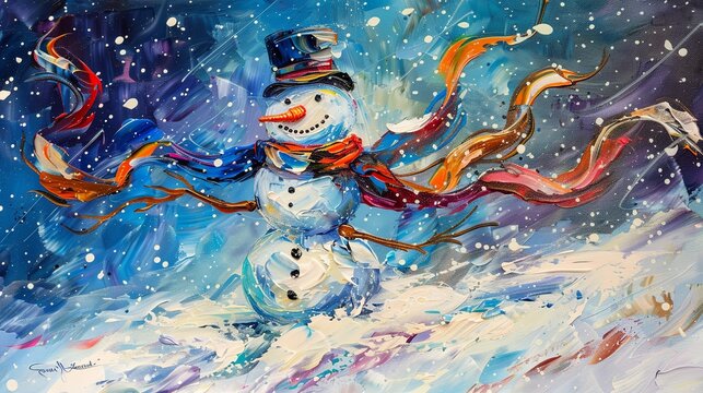 A cheerful snowman with a top hat and multiple flowing scarves is depicted in a dynamic and colorful acrylic painting, capturing the essence of winter's happiness.