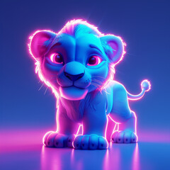 A neon glowing lion cub stands proudly in a virtual environment, showcasing digital art creativity.