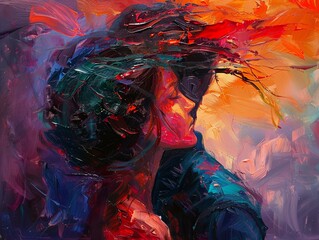 An evocative abstract oil painting portraying the intimate moment of a kiss with vibrant brushstrokes and a fusion of colors.