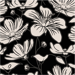 White seamless abstract pattern of large flowers on a black background, texture, design. Vector illustration