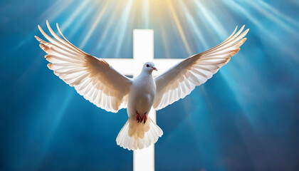 With pigeon in front of a white crucifix. Pentecost concept. - obrazy, fototapety, plakaty