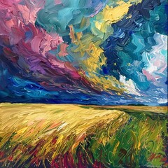 An abstract art piece showcasing a tempestuous sky in blues and pinks above the serene golden field, reflecting nature's contrasting moods.
