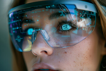 Woman wearing modern spectacles with futuristic screen. Virtual technology. Smart glasses and augmented reality concept. Generative AI