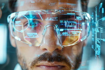 Man wearing modern spectacles with futuristic screen. Virtual technology. Smart glasses and augmented reality concept. Generative AI
