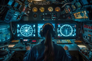 Futuristic Submarine Surveillance Control Room with Captivating Sonar and Navigation Displays