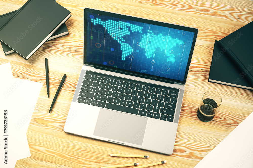 Fototapete computer monitor with abstract creative digital world map, globalization concept. 3d rendering