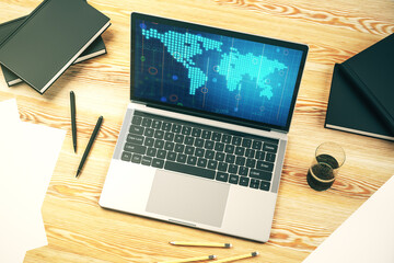 Computer monitor with abstract creative digital world map, globalization concept. 3D Rendering