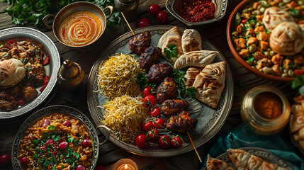 Eid Mubarak Blessing for Eid A Creative poster for Eid with Moon and iftar meal together, hyperrealistic food photography - obrazy, fototapety, plakaty