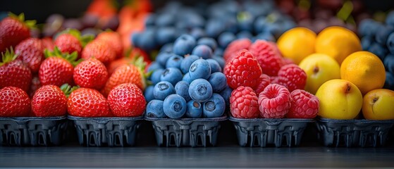 various fruit and berries in tray at supermarket, Generative Ai - obrazy, fototapety, plakaty