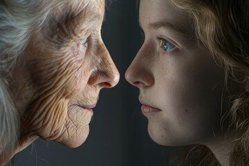 Concept of aging and skin care. Face of young woman and an old woman with wrinkles. Generative AI