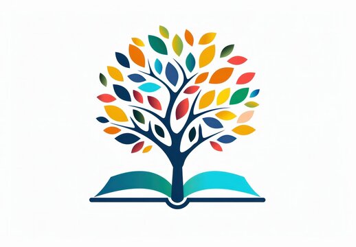 Open book with colorful leaves and tree in the middle, symbolizing growth, knowledge, and nature connection