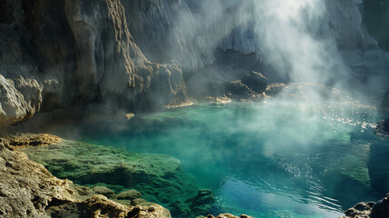  An otherworldly landscape of a volcanic crater lake, with emerald green water surrounded by rugged...