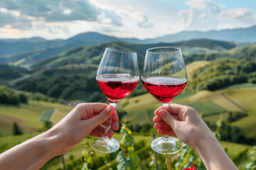 Two hands toasting with red wine glasses against the backdrop of green hills and mountains. Generative AI