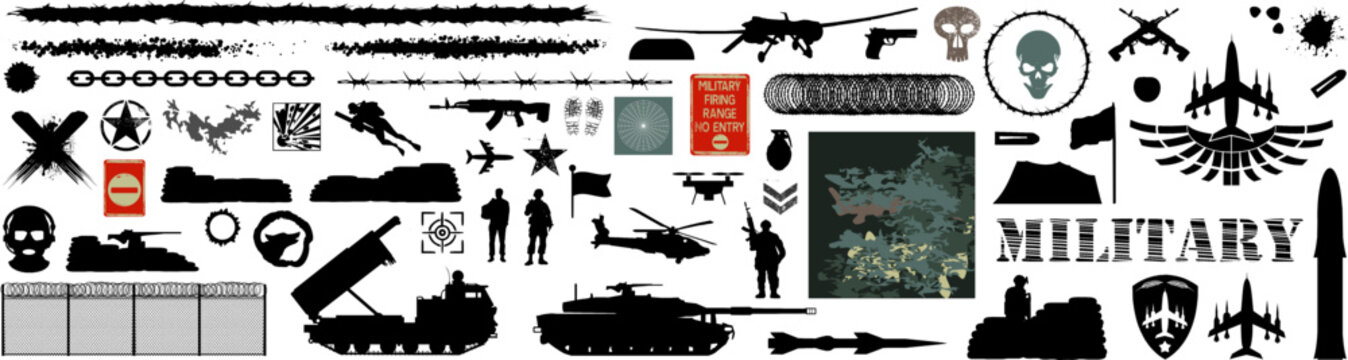 Vektor Set Silhouetten, Symbole und Design Elemente - Milit&auml;r und Milit&auml;rische Elemente - Verteidigung Konflikt - Soldaten, Systeme und Waffen