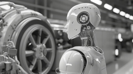 Close-Up of a Robotic Humanoid in a Manufacturing Plant