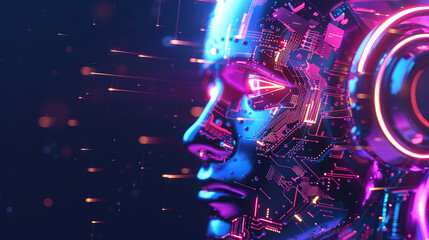 Fototapeta na wymiar A digital artwork of an AI humanoid head with headphones, illuminated holographic 