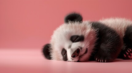 Serene Slumber Adorable Baby Panda Resting on Pastel Pink Background in Professional Studio Setting