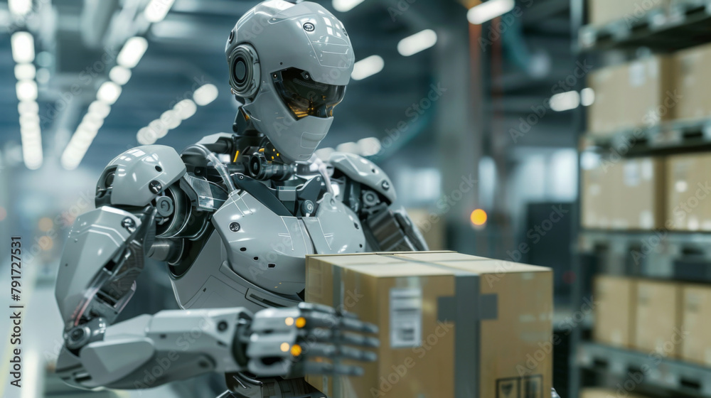 Aufkleber futuristic robot handling package in a warehouse