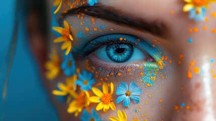 beautiful eyes make up, woman wearing flowers with glitter glow eyeshadows, Generative Ai - obrazy, fototapety, plakaty