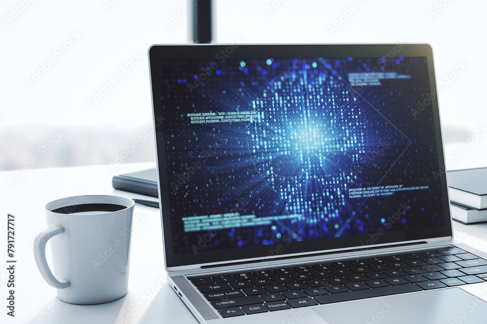 Poster Modern computer monitor with creative code skull hologram. Malware and cyber crime concept. 3D Rendering
