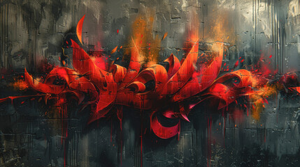 Abstract red graffiti on a dark concrete wall.