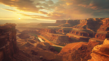A breathtaking canyon landscape, with layered rock formations, winding rivers, and a colorful sky at sunset. 