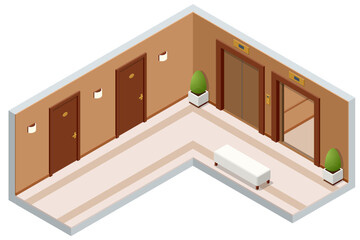 Isometric empty luxury hotel hallway interior with closed numbered doors, glowing wall lamps, potted plants and elevator, Enjoy the Holiday and Vacation. Mobile Application, Hotel Booking Online.
