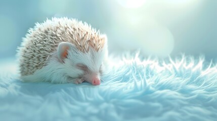 Baby Hedgehog Curled in Slumberous Repose on Tranquil Pastel Blue Background