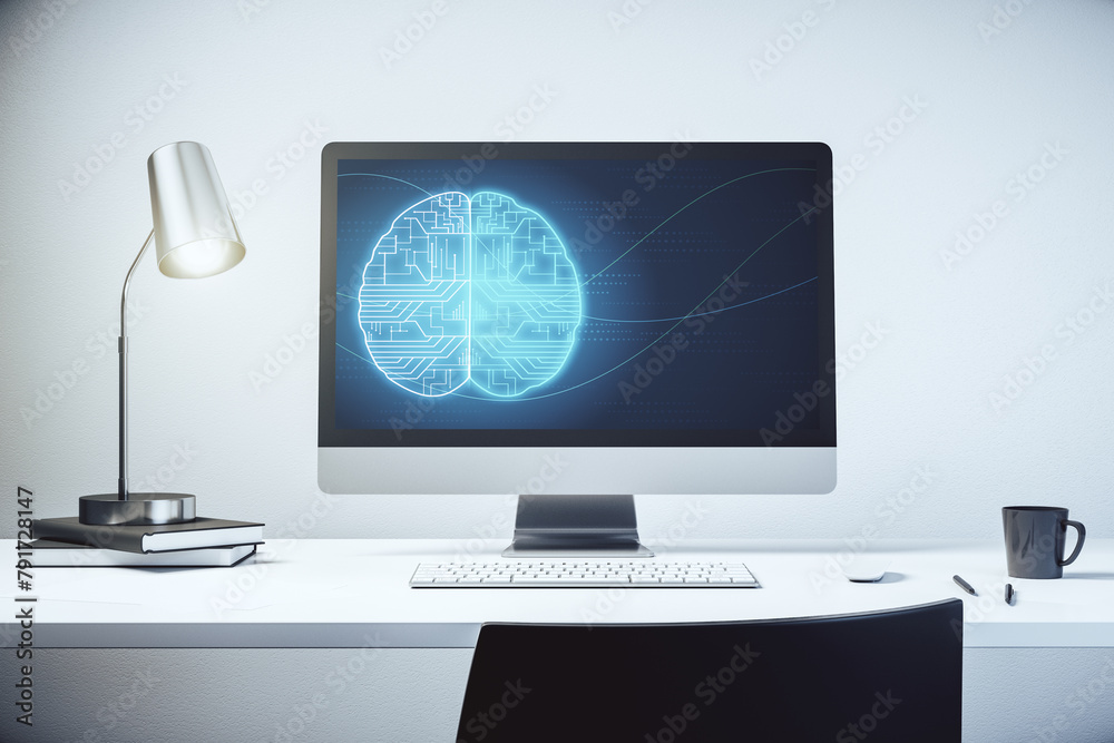 Aufkleber Modern computer display with creative human brain microcircuit. Future technology and AI concept. 3D Rendering