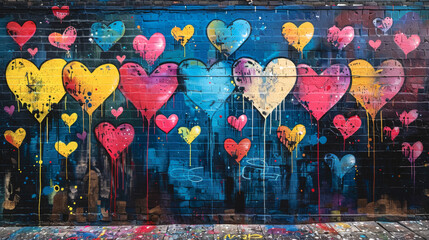 Brick wall with colorful painted hearts in graffiti style.