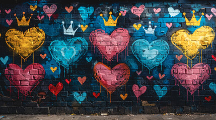 Brick wall with colorful painted hearts in graffiti style.