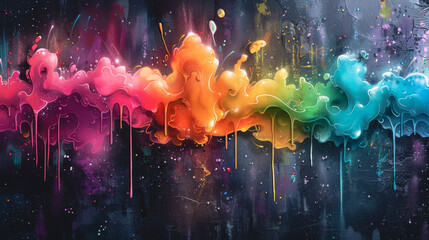 Abstract graffiti on a dark background with colorful drips of paint.