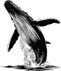 Jumping in the ocean humpback whale, vector illustration. - obrazy, fototapety, plakaty