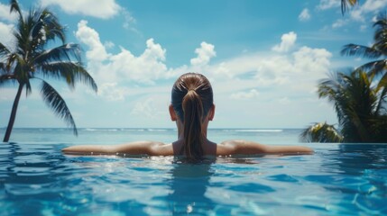 young woman in the hotel pool enjoying her vacation, summer sea background, relaxation, weekend - obrazy, fototapety, plakaty