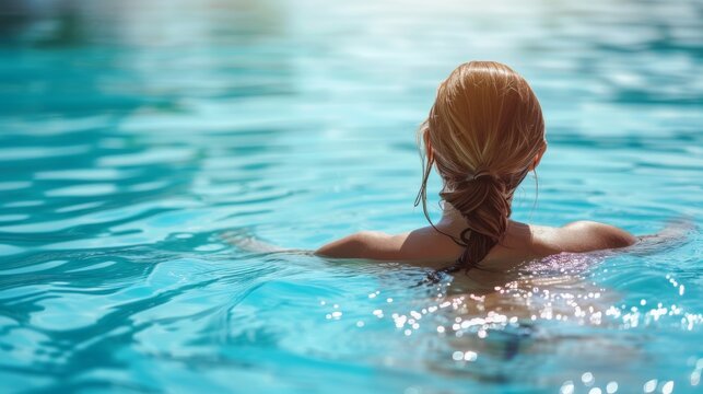 young woman in the hotel pool enjoying her vacation, summer sea background, relaxation, weekend