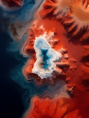 an aerial view of a red and blue mountain
