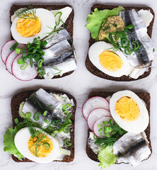 Spiced Sprat Sandwich Kiluleib or  Kiluvõileib - Estonian sandwich with spicy salted sprat, butter, boiled egg, fresh onion and herbs on a slice of national rye bread, natural eco Scandinavian style - 791730346