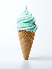 Cyan Ice Cream in a Waffle Cone on a white Background. Template with Copy Space