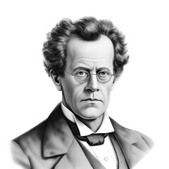 Black and white vintage engraving, close-up headshot portrait of Gustav Mahler, the famous historical Austro-Bohemian Romantic classical music composer and conductor, white background, greyscale