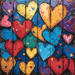 Colored background made of hearts drawn with multi-colored paints.