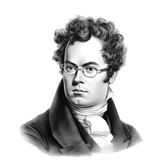 Black and white vintage engraving, close-up headshot portrait of Franz Peter Schubert, the famous historical Austrian composer of the late Classical and early Romantic era, white background, greyscale