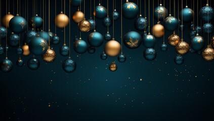 a group of blue and gold ornaments from strings