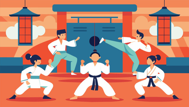 The sound of breath and movement fills the dojo as a group of students work together to improve their skills and inner balance.