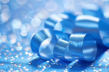 blue ribbon and bow, Curly blue gift ribbon on shiny background close-up.