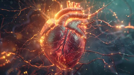 Heart surrounded by a network of glowing arteries, close-up, vibrant health aura, 3D cardiovascular concept - obrazy, fototapety, plakaty