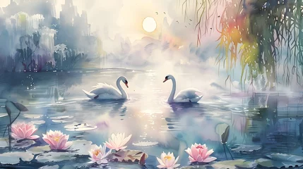 Foto op Canvas Serene Swans on Misty Lakeside with Blooming Water Lilies and Weeping Willows at Dawn © doraclub