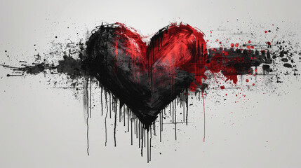 Black grunge heart isolated on white background.