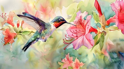 Hummingbird Sipping Nectar from Vibrant Azalea Bloom in Watercolor Painting