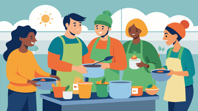 Volunteers preparing and serving hot meals at a soup kitchen providing nourishment and a sense of community for those experiencing food